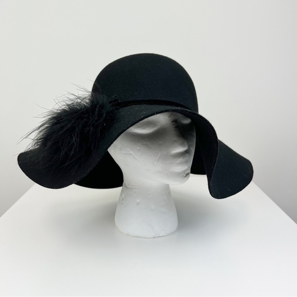 August Hats Accessories - August Black Wool Floppy Feathered Hat